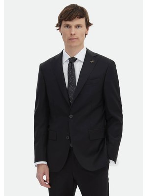 Siyah Düz Modern Fit Yün Karışımlı Takım Elbise