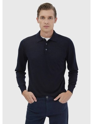 Lacivert Polo Yaka Düz Örgü Yün Karışımlı Triko Kazak