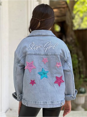 Dudor Kids Kız Çocuk Yıldız Pul Payet Işlemeli Kot Ceket Uzun Kol Günlük Model Pamuk Kumaş