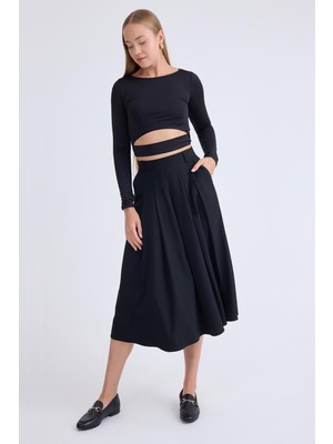 Pileli Midi Boy Cepli Etek