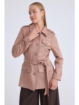 Beli Kuşaklı Düğmeli Süet Ceket