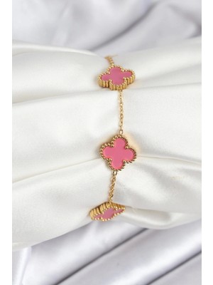 316L Çelik Gold Zincir Pembe Yonca Renk Bileklik - TJ-BB7908