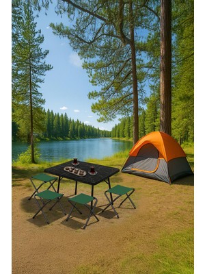 Exent 45X60 cm Kamp Sehpası + 4 Adet Yeşil Tabure Piknik, Bahçe Balkon Sehpası Katlanır Sehpa-Me-4y