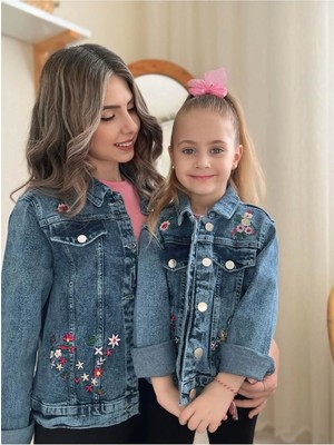 Anne-Kız Çocuk Çiçek Nakışlı Kot Ceket-Jeans Ceket/kot Mont-Jeans Mont