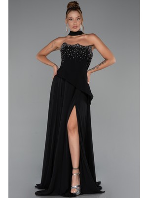 Taşlı Straplez Yırtmaçlı Şallı Uzun Şifon Abiye ABU5280