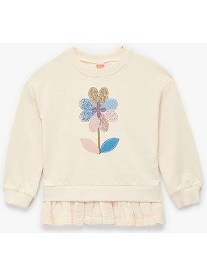 Pamuklu Uzun Kollu Bisiklet Yaka Çiçek Desenli Sweatshirt