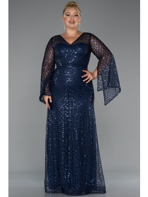 Uzun Kol V Yaka Boncuklu Büyük Beden Abiye ABU5243