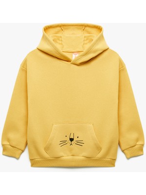 Şardonlu Uzun Kollu Kanguru Cepli Aslan Baskılı Kapşonlu Sweatshirt