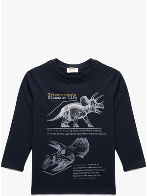 Pamuklu Uzun Kollu Bisiklet Yaka Dinozor Baskılı Tişört