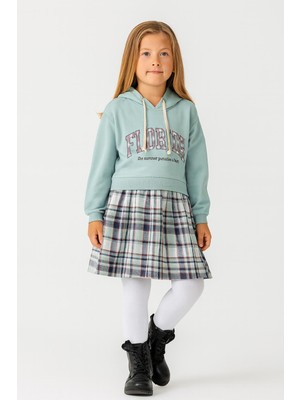 Kız Çocuk Mavi Sweatshirt Görünümlü Ekose Desenli ELBISE-1710-M