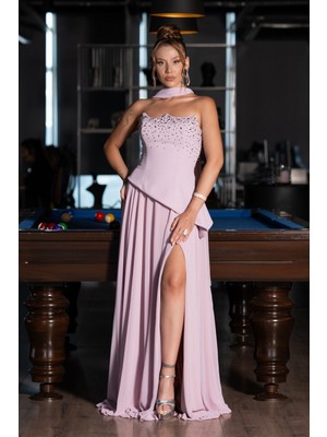 Taşlı Straplez Yırtmaçlı Şallı Uzun Şifon Abiye ABU5280