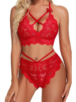 Kırmızı Çapraz Ip Detaylı Şık Sütyen Külot Takım