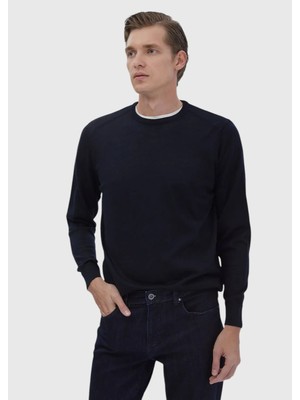 Lacivert Bisiklet Yaka Düz Örgü Yün Karışımlı Triko Kazak