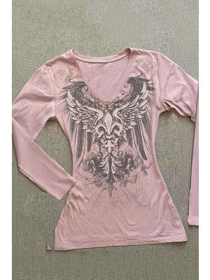 Kara Kedi Günlük Kullanım İçin Pembe Gothic Wing Y2K Uzun Kollu Crop Pamuklu Kadın Bluz Normal Yaka