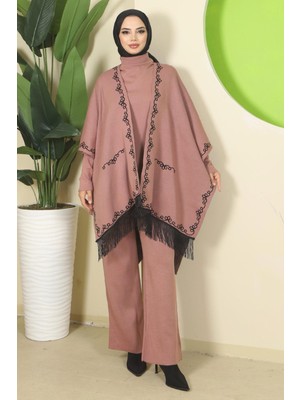 Zincir Desen Pançolu Üçlü Triko Takım Gül Kurusu HM2815