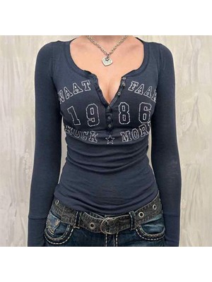 Köstebek Vintage Lacivert Waat Faak Rock More Uzun Kollu Crop