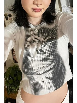 Beyaz Baby Cat Gotik Y2K Uzun Kollu Crop