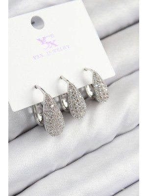 Bfs Pirinç Zirkon Taşlı 3'lü Damla Model Gümüş Renk Kadın Küpe