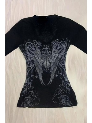 Siyah Vintage Gotik Wing Y2K Uzun Kollu Crop