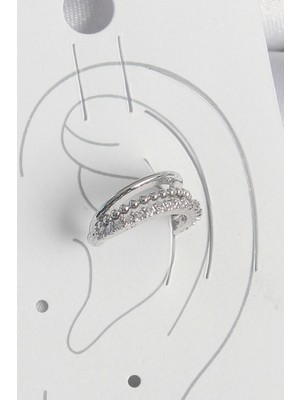 Bfs Pirinç Gümüş Renk Zirkon Taşlı 3'lü Sıralı Kadın Kıkırdak Küpe