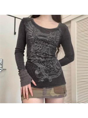 Füme Gotik Vintage Rose Uzun Kollu Crop