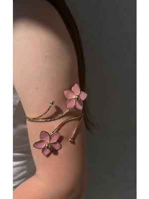 Gold Pembe Mineli Çiçek Detaylı Paslanmaz Çelik Ayarlanabilir Kadın Pazu Bileklik Kol Kelepçesi Armcuff