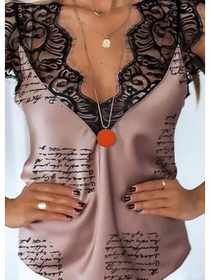 Kadın Mektup Desenli Dantel Detaylı Mikro Kumaş Bluz