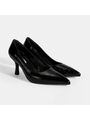 Kadın Siyah Kroko Baskılı Deri Stiletto