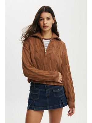 Kahverengi Örgü Desenli Fermuarlı Yaka Kadın Triko Kazak MG2546