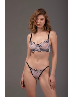 Çiçek Nakışlı Transparan Dantel Sütyen Takımı Desteksiz Balenli 75B-90B