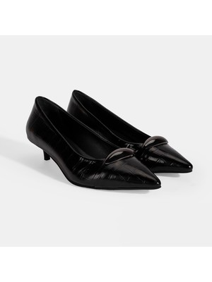 Kadın Siyah Kroko Baskılı Deri Topuklu Ayakkabı