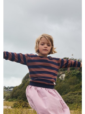 Cigit Çizgili Triko Sweatshırt Lacivert Kahve 2-12 Yaş Erkek Çocuk Truvakar Kol Orta Kalınlık