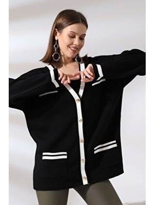 Siyah Renk - Gold Düğmeli Şerit Detaylı Oversize Şık Kaliteli Harika Triko Hırka