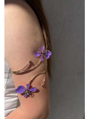 Gold Mor Mineli Çiçek Detaylı Paslanmaz Çelik Ayarlanabilir Kadın Pazu Bileklik Kol Kelepçesi Armcuff