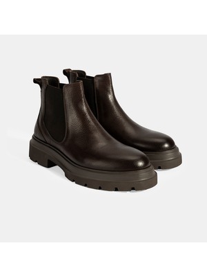 Erkek Kahve Lastik Detaylı Deri Bot