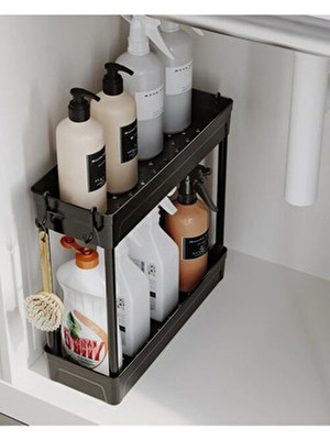 Mutfak Köşesi Rafata 2 Katlı Evye Altı Düzenleyici Askılı Organizeri Standı 36 cm Boyutunda Plastik Siyah