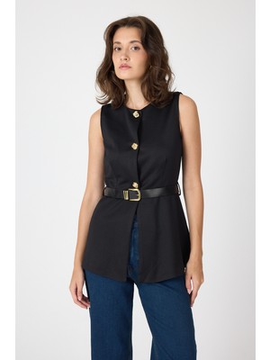 Siyah Gold Düğmeli Kemerli Yelek 8145A