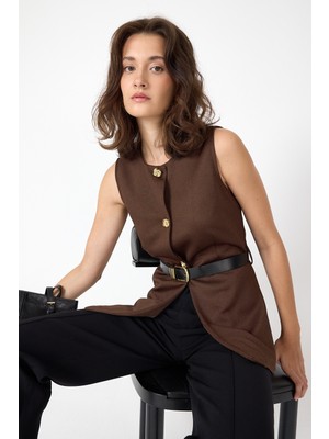 Kahve Gold Düğmeli Kemerli Yelek 8145A