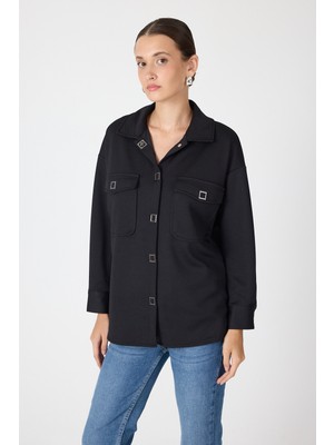 Siyah Oversize Cepli Kadın Gömlek Ceket 8130A