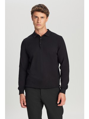 Altınyıldız Classics Erkek Polo Yaka Pamuklu Kazak Siyah Standart Fit Uzun Kol Günlük Stil