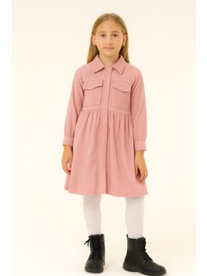 Kız Çocuk Uzun Kollu Düğmeli Elbise - Pembe 1549 Somon