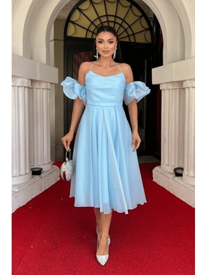 Organze Tül Kumaş Sırt Detaylı Midi Elbise - Bebe Mavisi