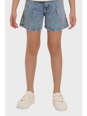 Escabel Taşlı Kot Kız Şort - Mavi