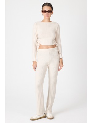 Bej Fitilli Crop Bluz Pantolon İkili Takımı 8114A