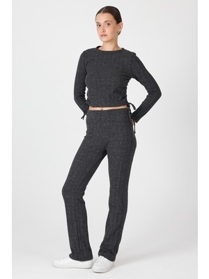 Siyah Fitilli Crop Bluz Pantolon İkili Takımı 8114A