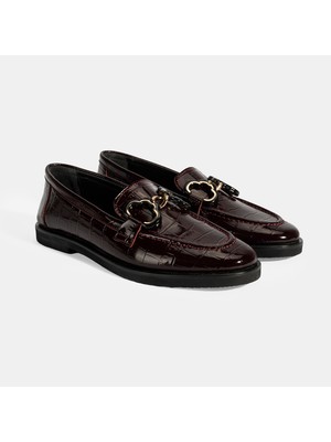 Kadın Bordo Kroko Baskılı Toka Detaylı Deri Loafer