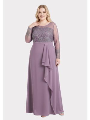 Lilas Xxl Büyük Beden Glitter Baskı Şifon Fırfırlı Lavanta Renkli Abiye Elbise
