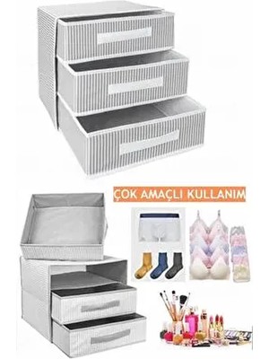 Helen's Home Gri Çizgili 3 Gözlü 3 Katlı Organizer Çekmece İçi Dolap Düzenleyici