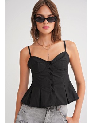 Mixray 4737 Kadın Düğmeli Kuplu Pileli Bluz Siyah