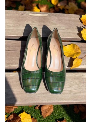 Yeşil Krokodil Hakiki Deri Topuklu Ayakkabı